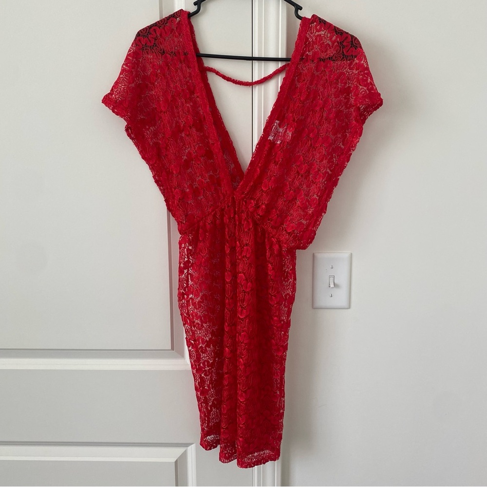 Elif by Jordan Taylor Red Lace Cover Up Sz Small Mesh Y2K 90s Mature Made in USA